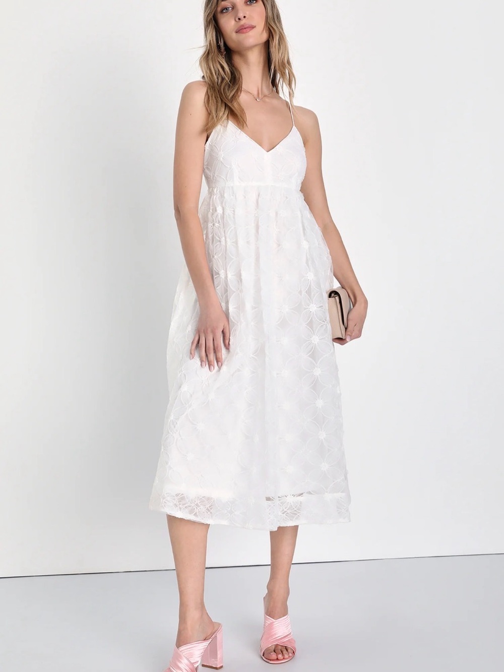 Lulu's White Lace Midi Dress with V-Neckline. Bachelorette, wedding, engagement - Picture 1 of 6